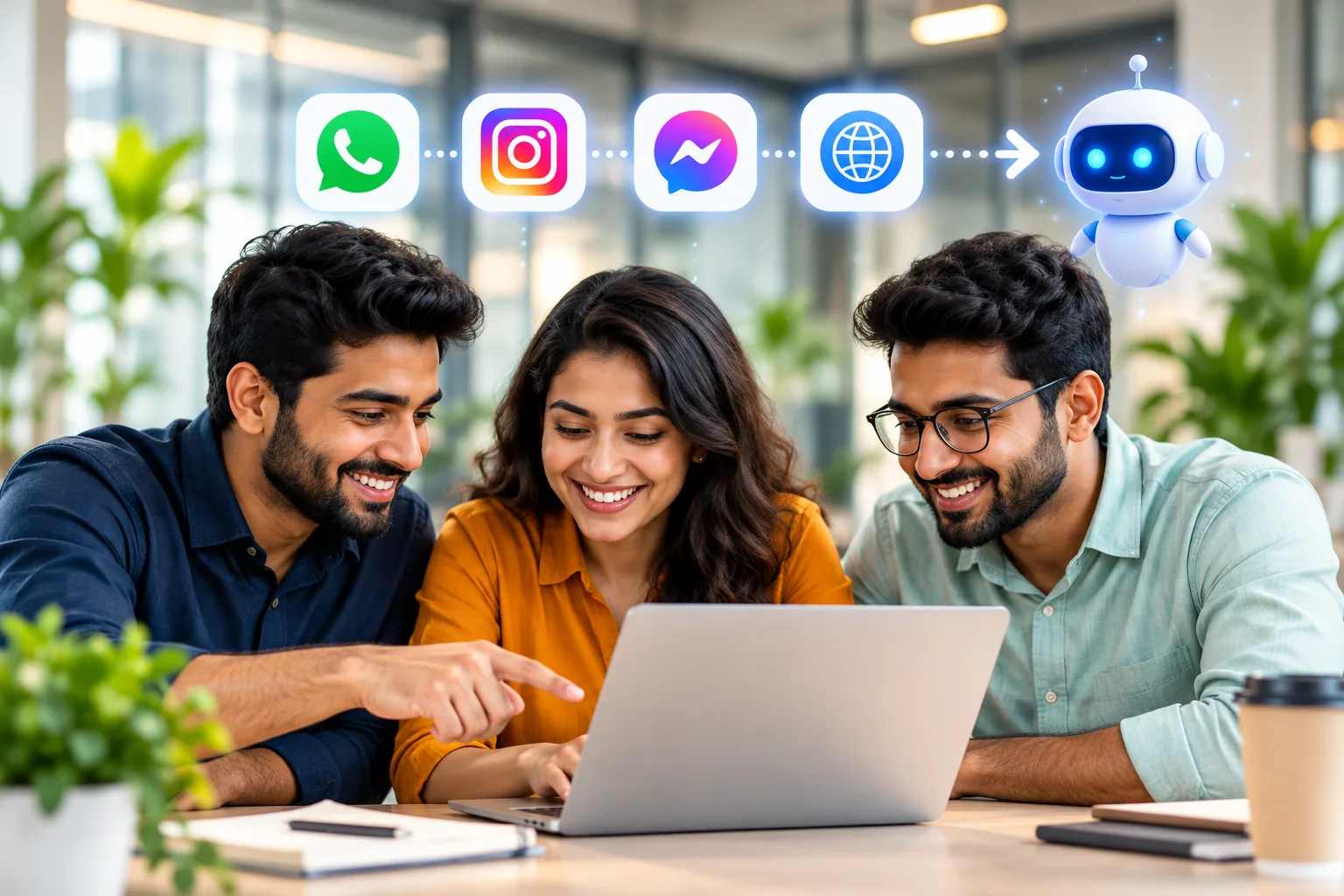A team looking at a laptop, with WhatsApp, Instagram, Messenger and website icons flowing into an AI assistant