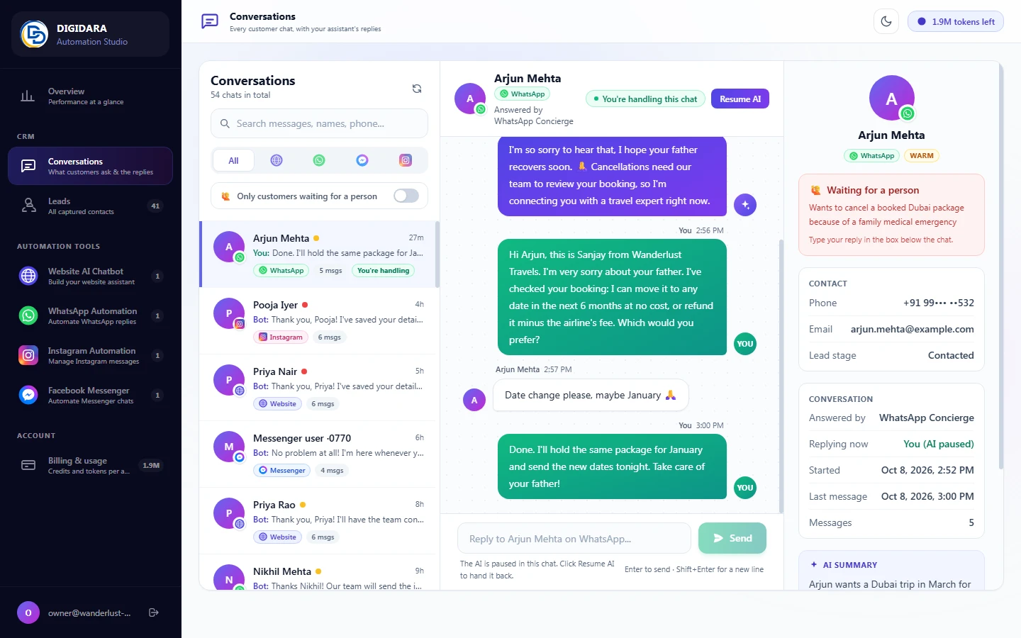 Conversations view of the BizDARA Automation dashboard
